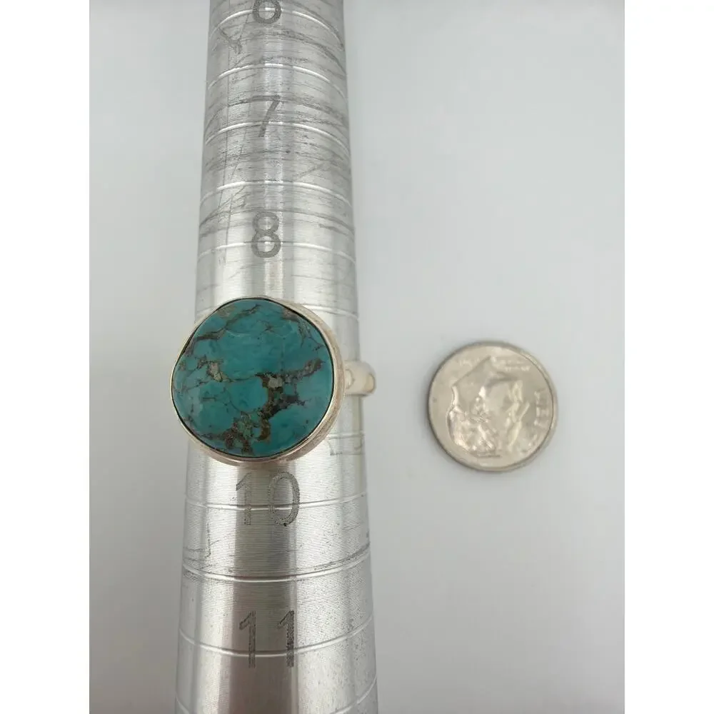 Sterling Silver Round Matrix Turquoise Bezel Ring Size 10